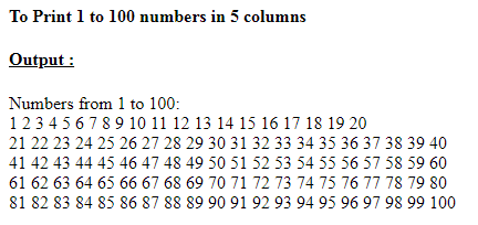 SkillPundit: PHP To Display 1to 99 Numbers in 5 Columns Sequentially
